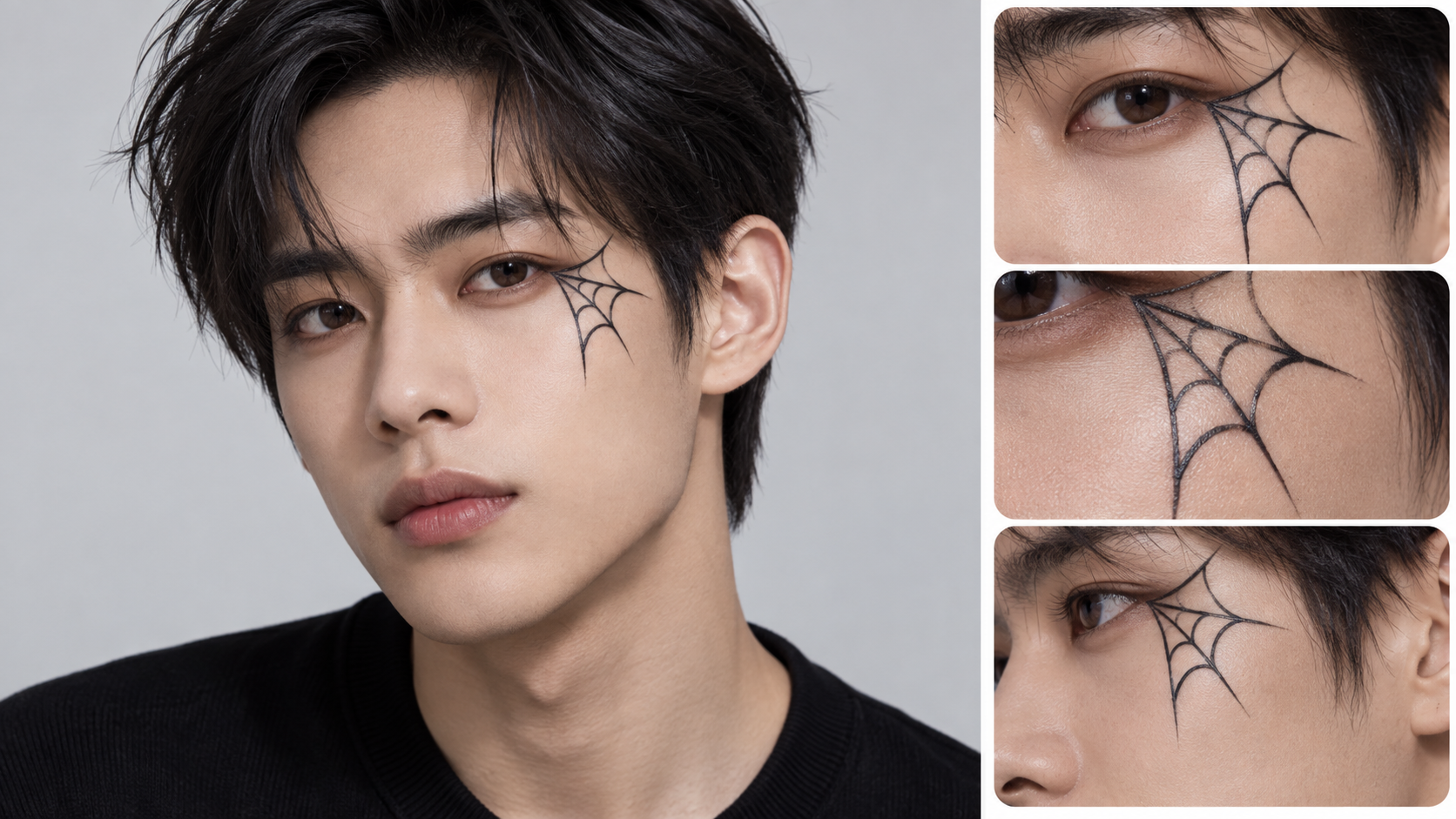 남성의 한쪽 볼 거미줄 분장과 가는 선 확대 컷
