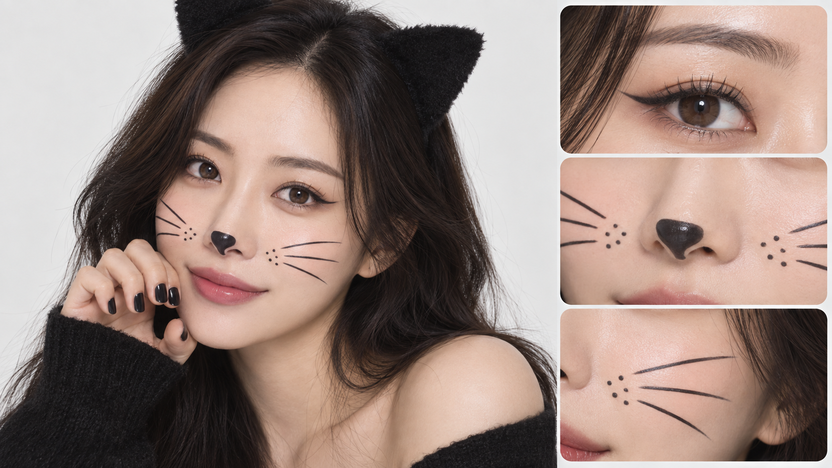 고양이 분장 여성 얼굴과 아이라인·검정 코·수염 확대 컷