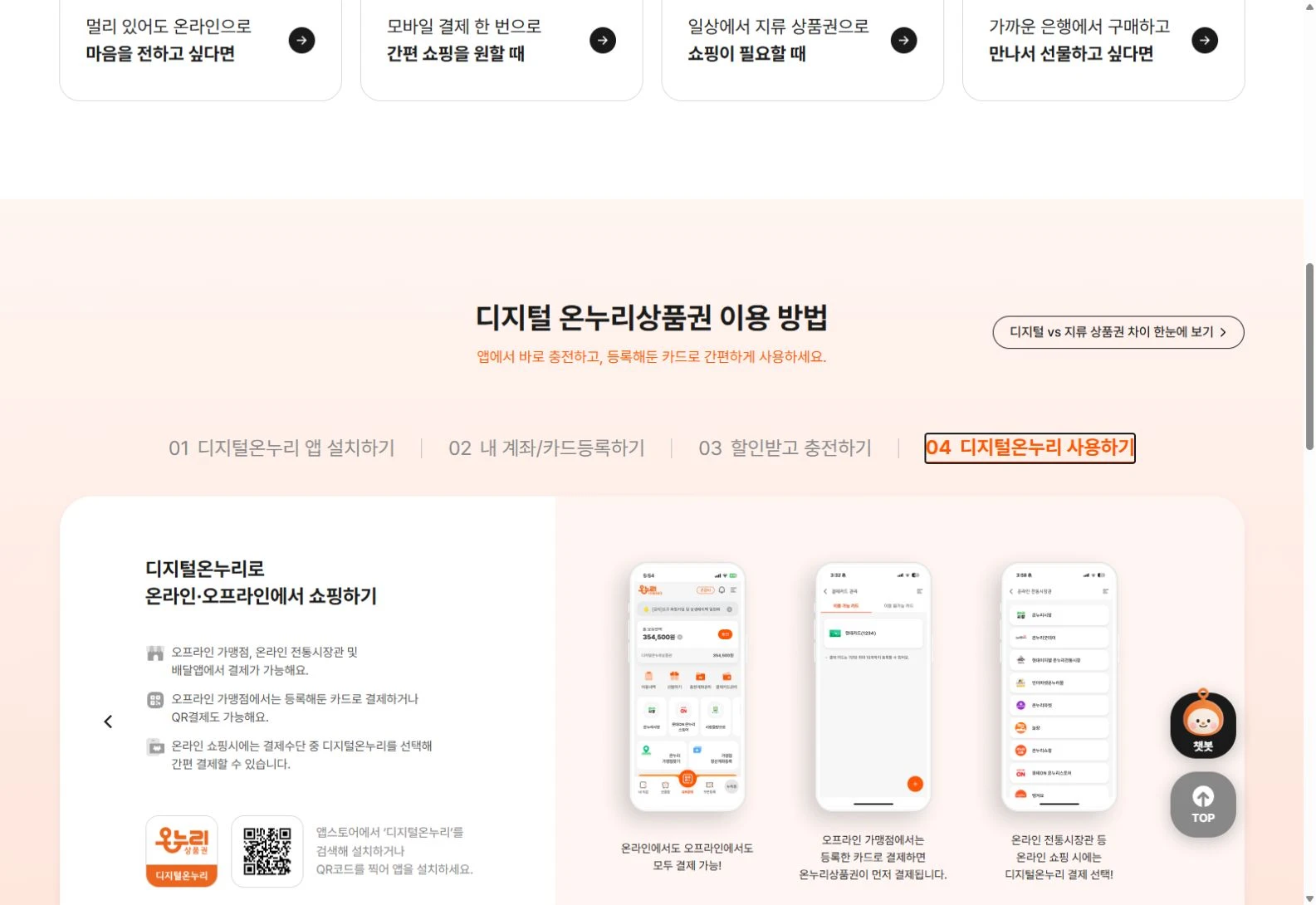 공식 디지털온누리의 오프라인 카드·QR 및 온라인 결제 안내