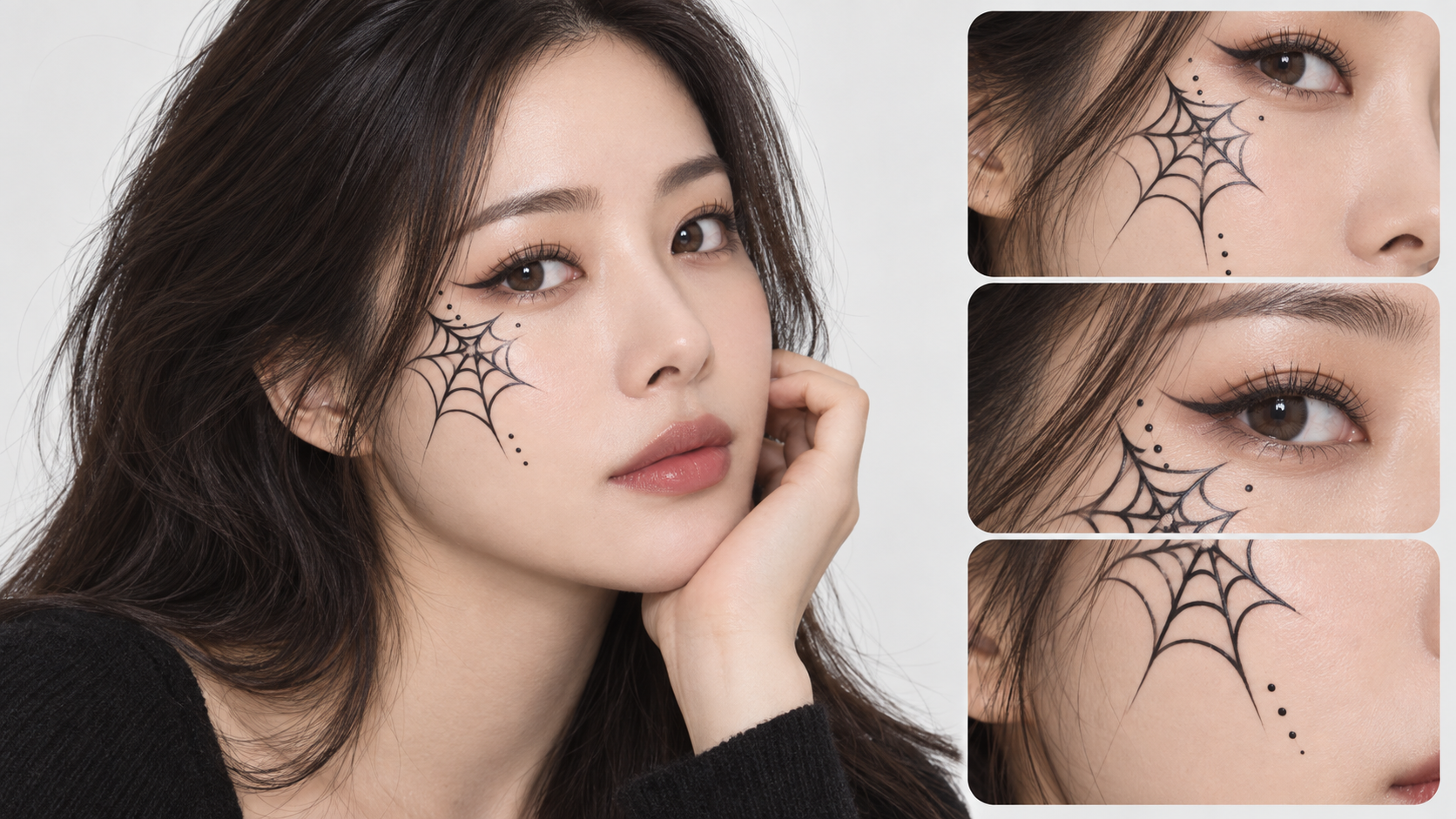 여성의 한쪽 볼 거미줄 분장과 선·작은 거미 확대 컷