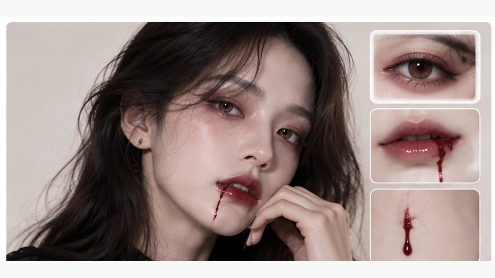 소프트 뱀파이어 얼굴과 버건디 눈·베리 립·입가 포인트 확대 컷