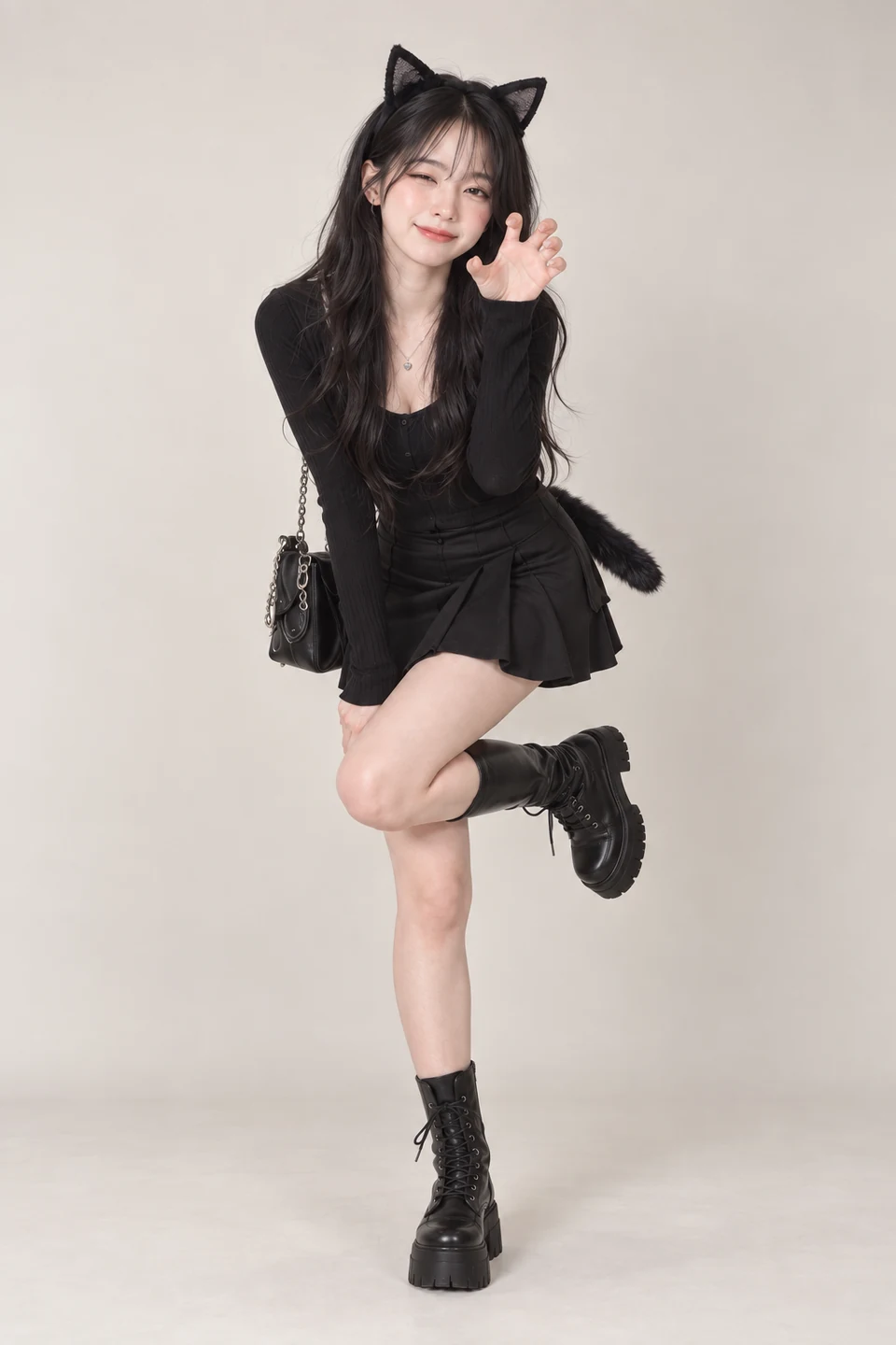 검정 니트와 스커트에 고양이 귀와 꼬리를 더한 블랙캣 착장