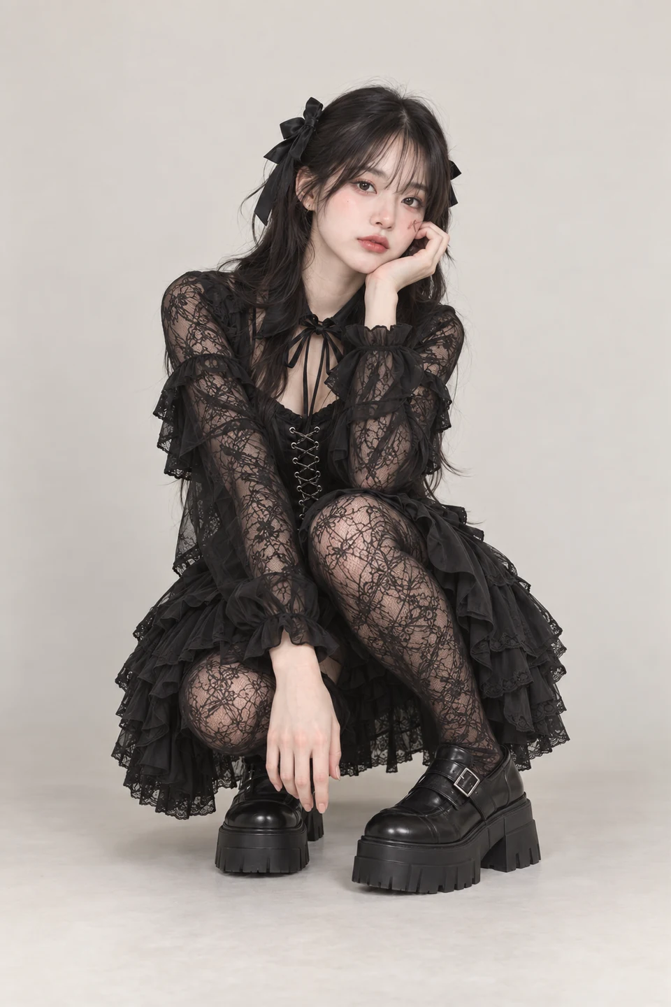 검정 레이스 원피스와 리본에 플랫폼 부츠를 조합한 고딕 착장