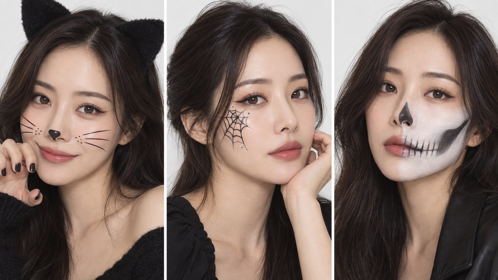 여성 얼굴의 고양이·볼 거미줄·반쪽 해골 메이크업 비교