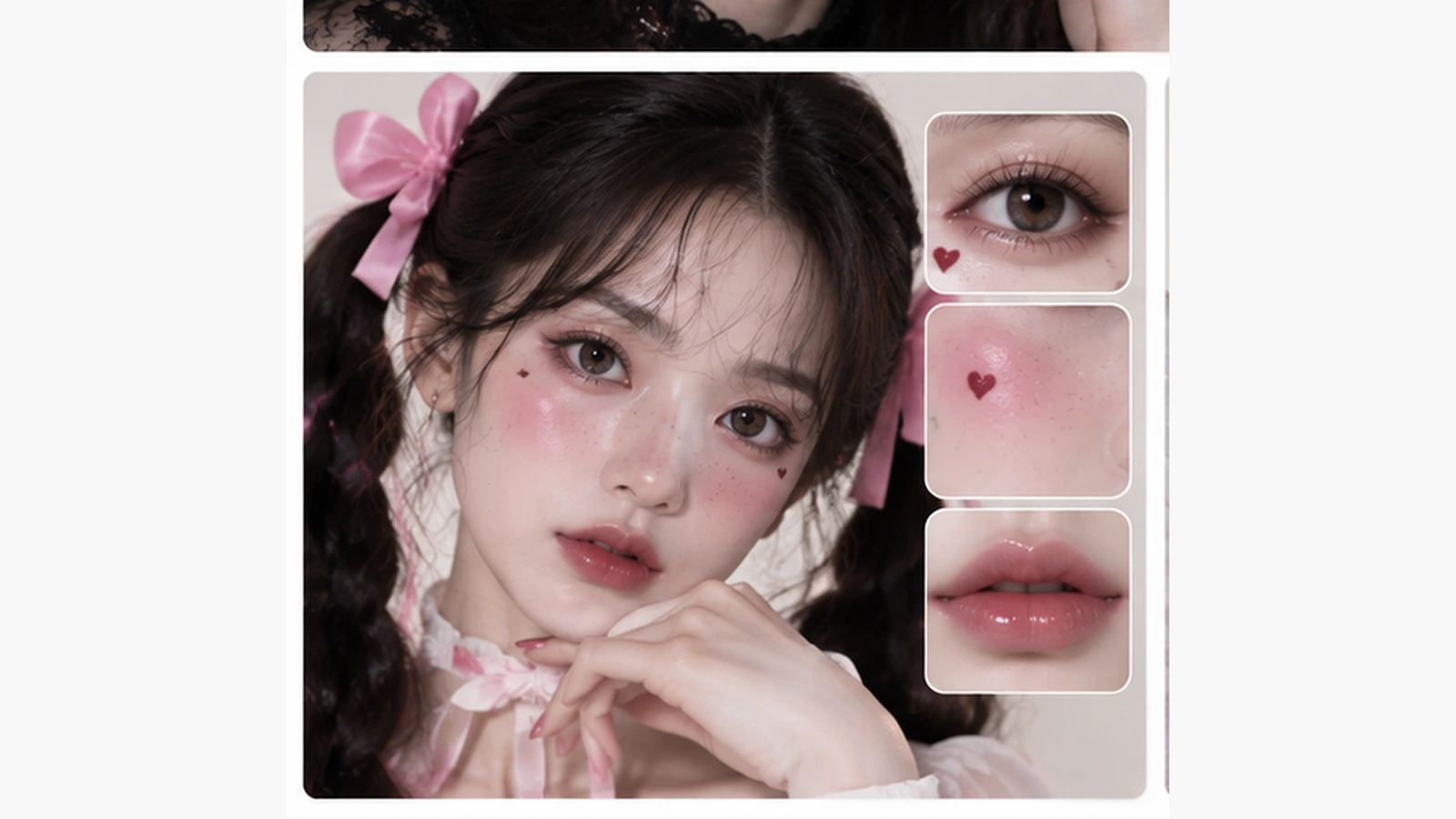 인형 분장 얼굴과 밝은 언더라인·둥근 핑크 볼·립 확대 컷