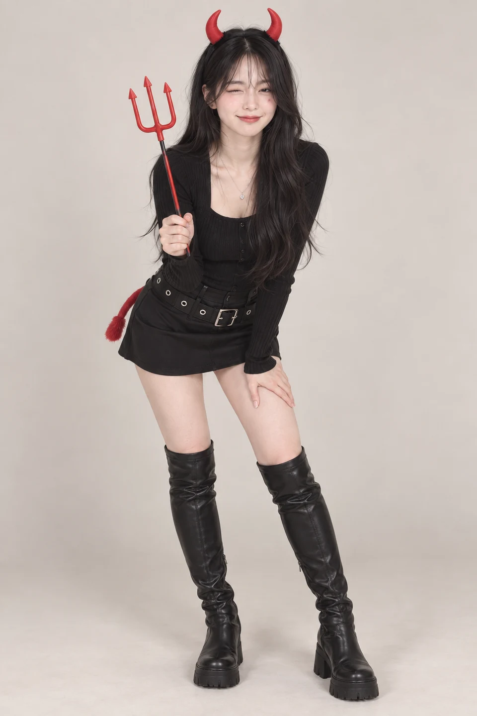 검정 니트와 스커트에 붉은 뿔과 꼬리를 더한 데빌 착장