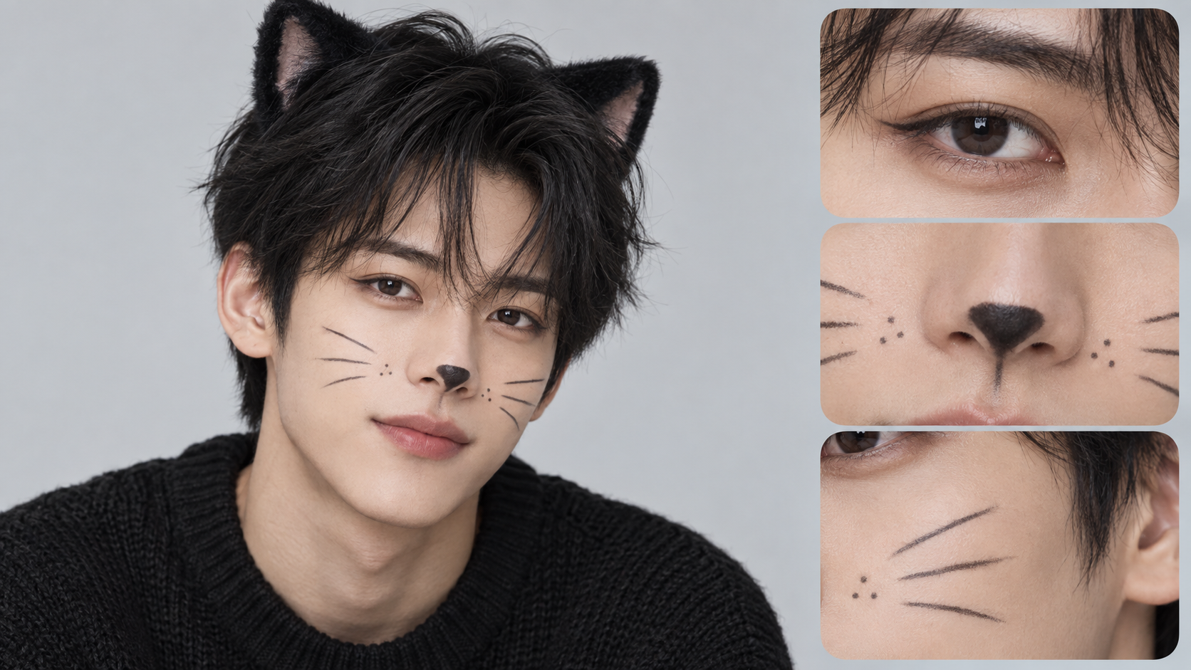 고양이 분장 남성 얼굴과 눈·코·수염 확대 컷
