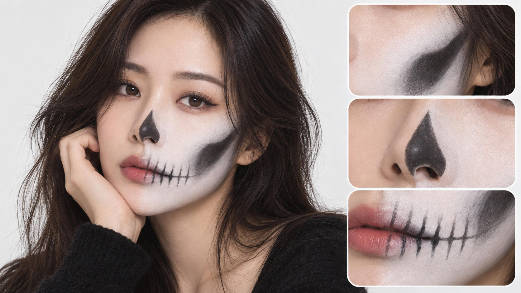 여성의 반쪽 해골 얼굴과 코·광대·치아 선 확대 컷