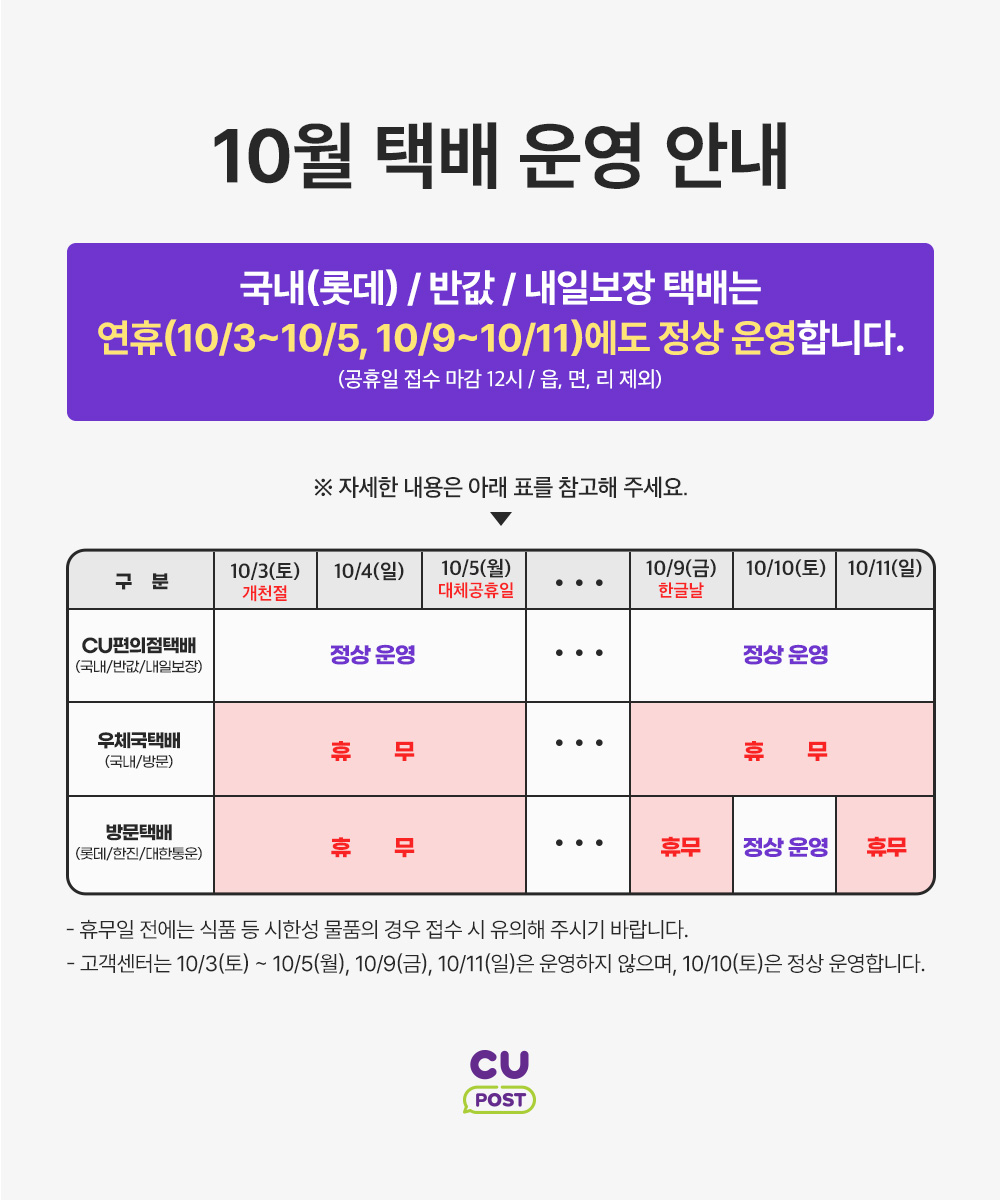 CU 10월 공지의 국내·반값·내일보장 정상 운영과 우체국·방문택배 휴무표