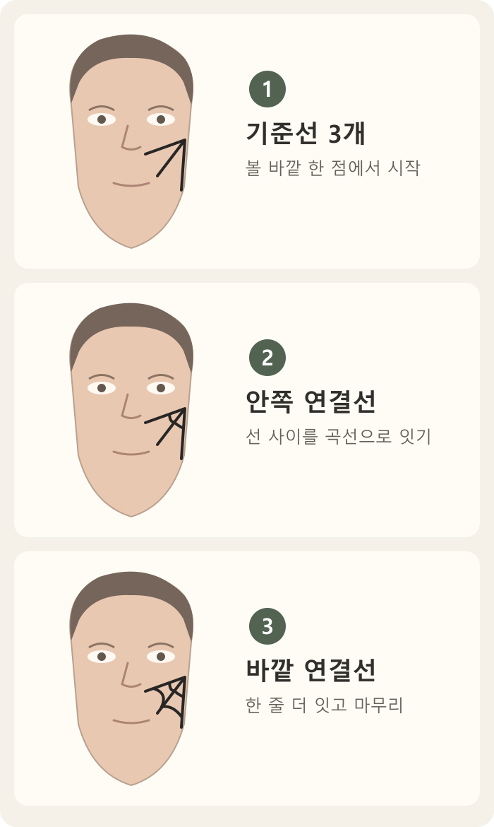 거미줄 분장을 기준선 3개와 안쪽·바깥쪽 연결선으로 완성하는 도식
