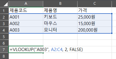 엑셀 VLOOKUP 함수-예제