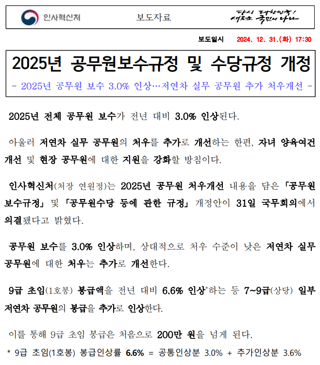 2025년 공무원 봉급표 관련 보도자료