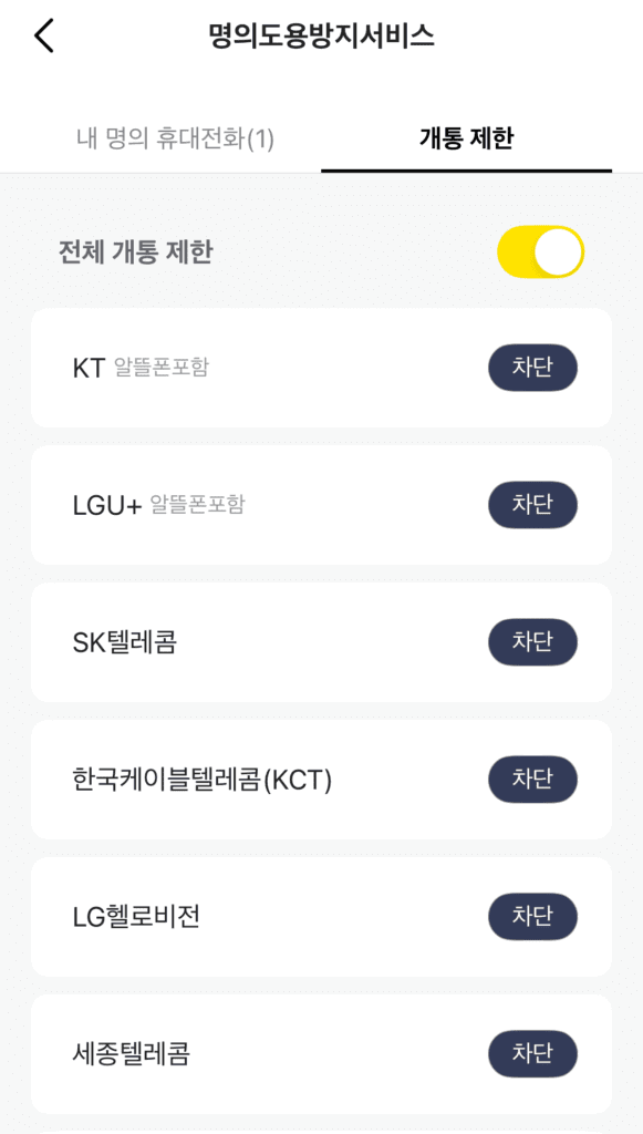 카카오뱅크 명의도용방지서비스-개통제한