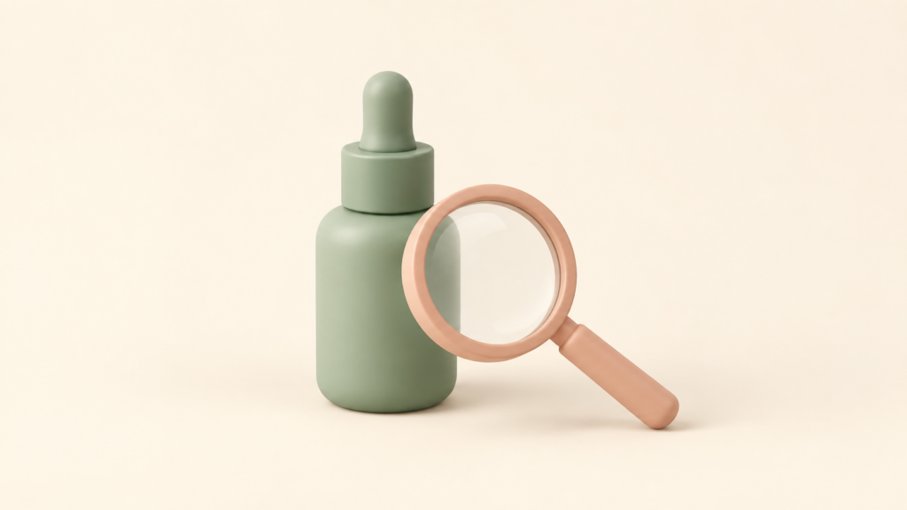 연녹색 화장품 용기와 돋보기 일러스트